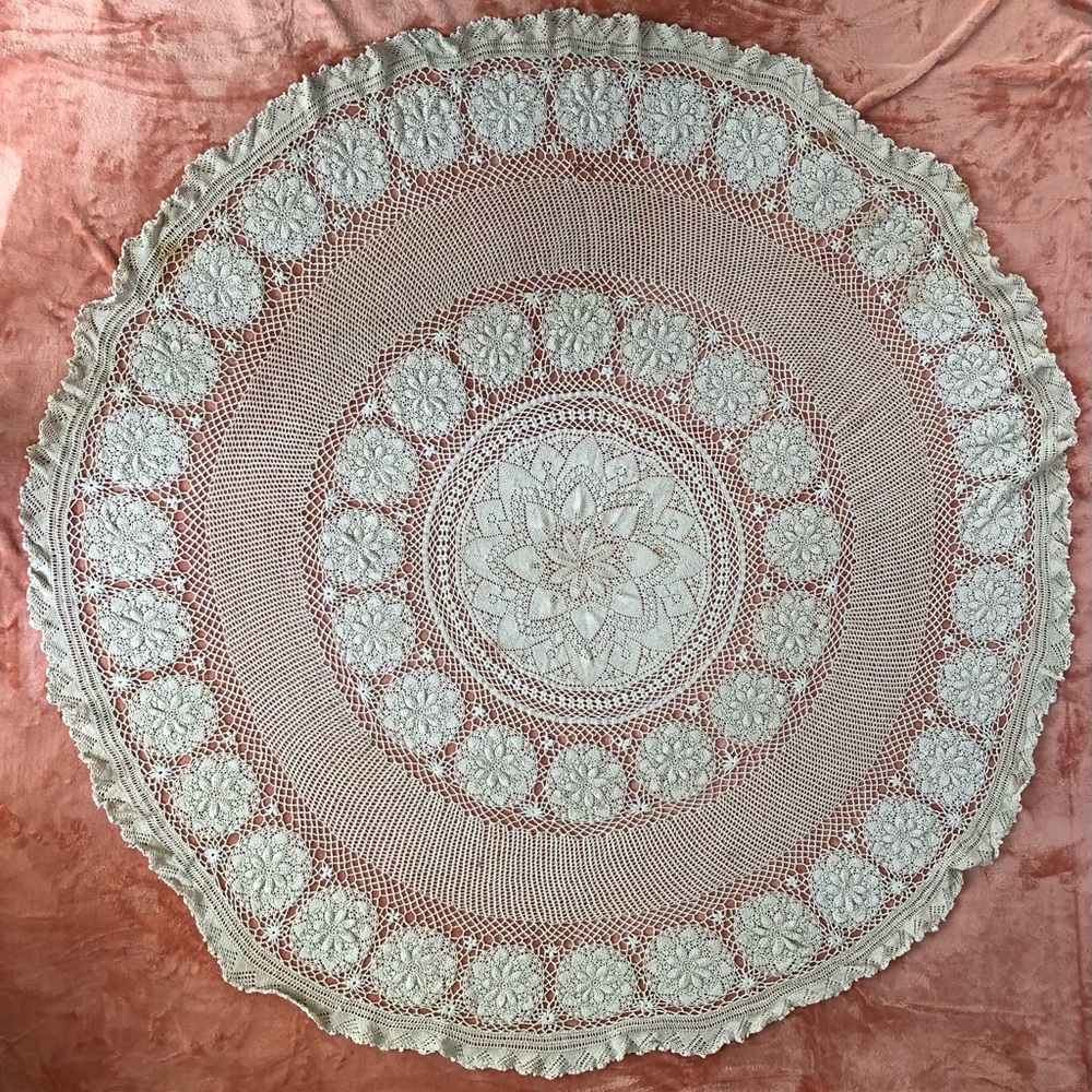 STAINED Vintage Tan Crochet Round Tablecloth Table Topper 60”